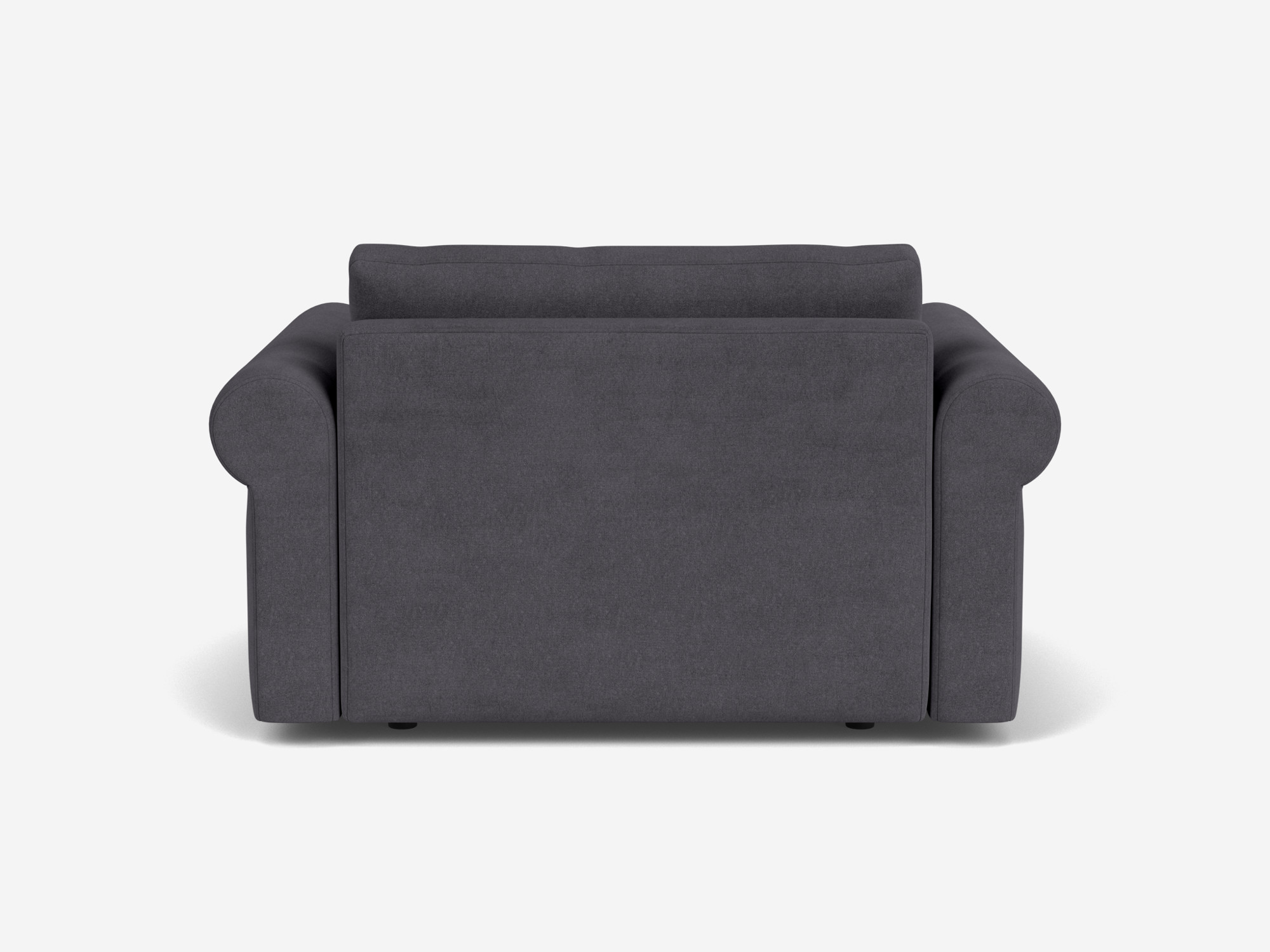 Back view of grey wide armchair with roll arms